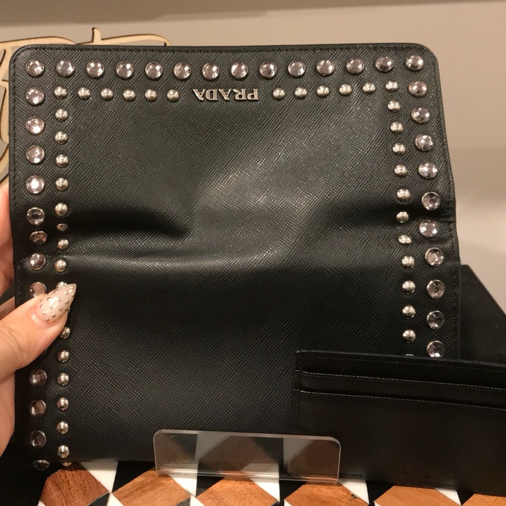 ‼️SALE‼️ *EUC* Prada Black Saffiano Leather Wallet w/Swarovski Crystals - Picture 3 of 5